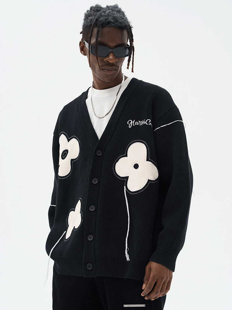 Harsh and Cruel Hand painted Flowers Knitted Cardigan Black Royal Culture