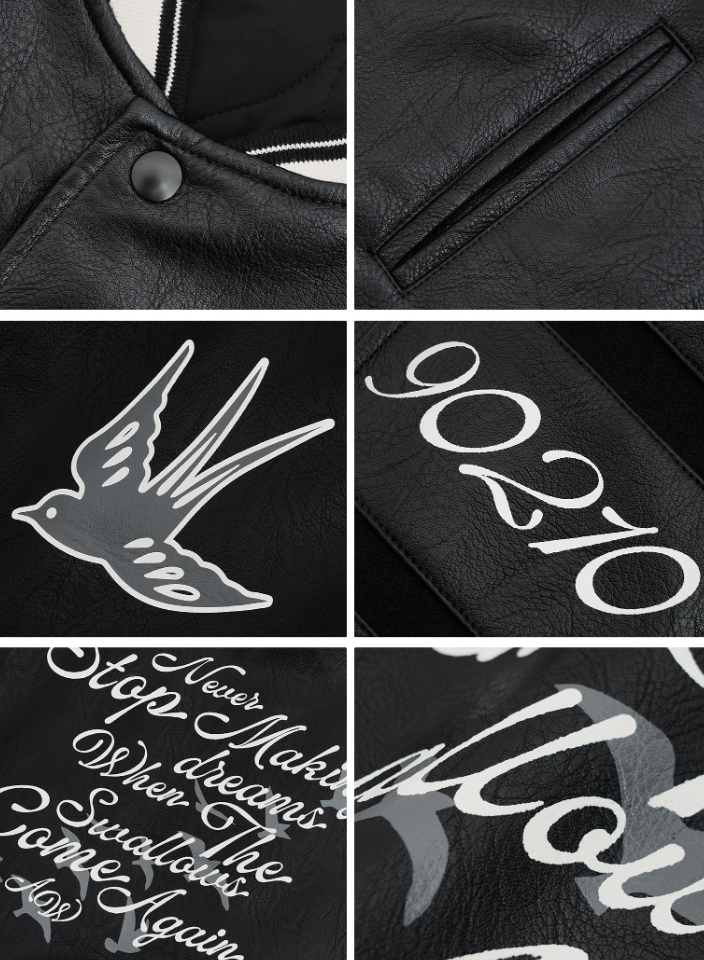 ANTIDOTE Swallow Print Leather & Wool Baseball Jacket