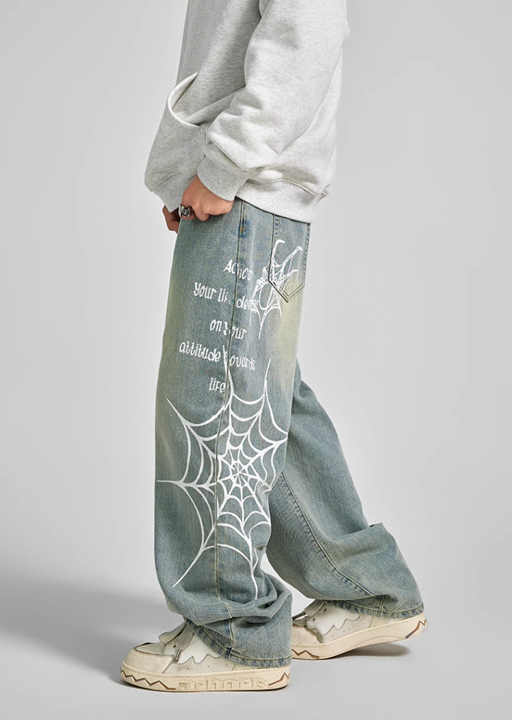 Achock Spider Web Print Denim Jeans