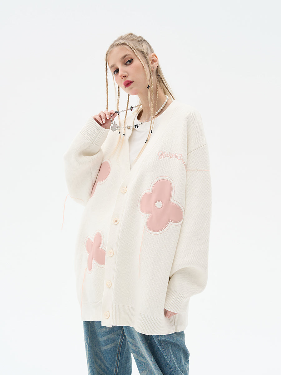 Harsh and Cruel Hand painted Flowers Knitted Cardigan White