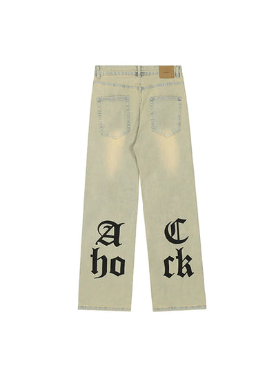 Achock Gothic Logo Printed Yellow Mud Denim Jeans