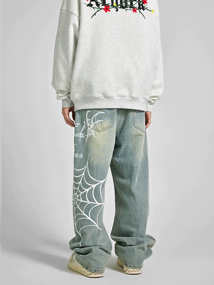 Achock Spider Web Print Denim Jeans