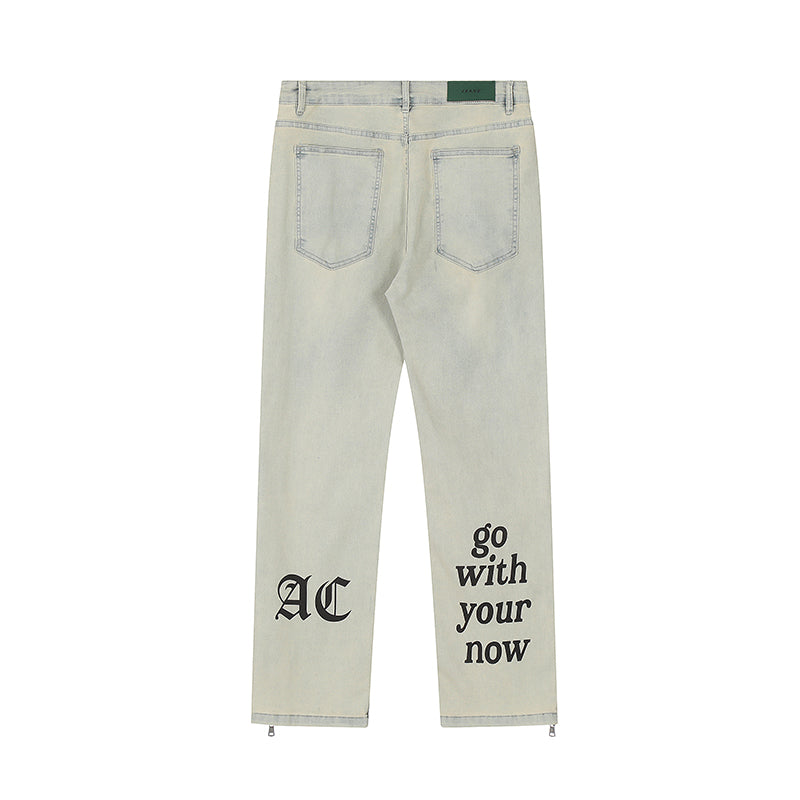 Achock Logo Print Yellow Mud Zipper Denim Jeans
